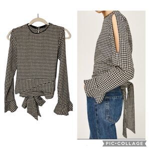 Zara Womens Gingham Check Bell Cuff Tie Waist Top Black White Size Small